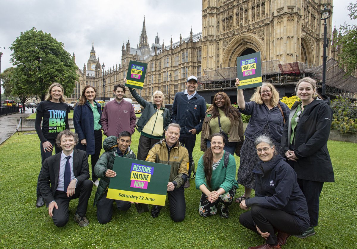 📢 Just hours before the #GeneralElection was announced nature campaigners joined together in front of Parliament. 💪Will you join them in a month’s time to tell all our politicians that the next Government must #RestoreNatureNow 👇 RestoreNatureNow.com