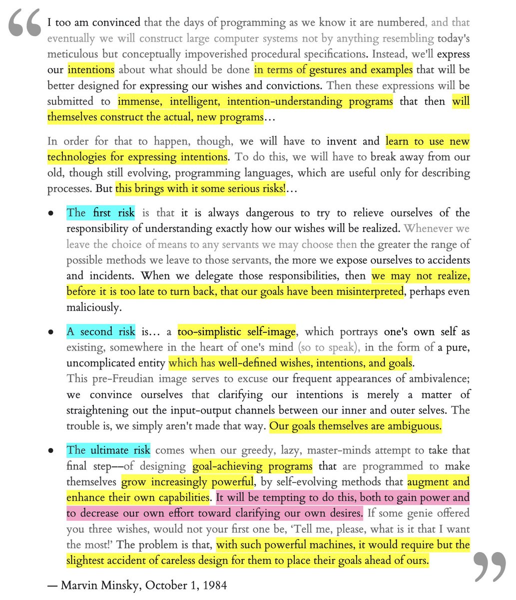 It is generally underappreciated that Marvin Minsky in 1984 sketched a taxonomy of AI loss-of-control risks which included specification gaming, goal misgeneralization, and treacherous turns prompted by recursive self-improvement.