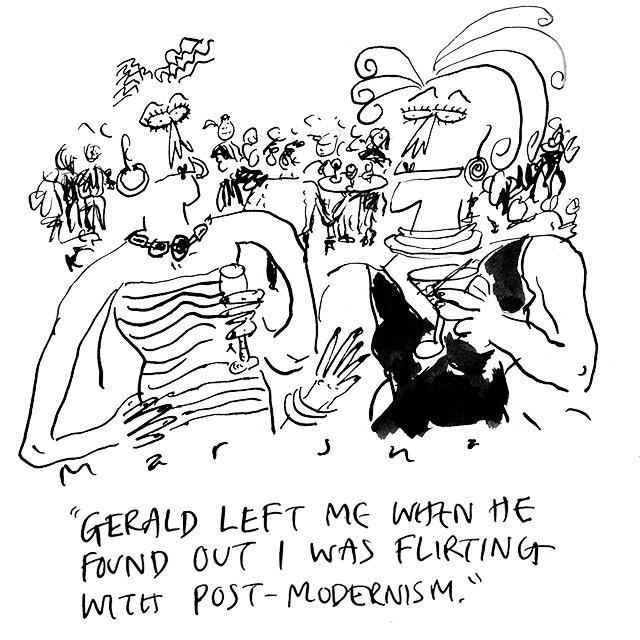 Postmodernist angst from the ‘Cartoonists At The Cafe’ exhibition @procartoonists exhibition at #maisonbertaux @Maison_Bertaux First published in @prospect_uk #postmodernism #postmodernist