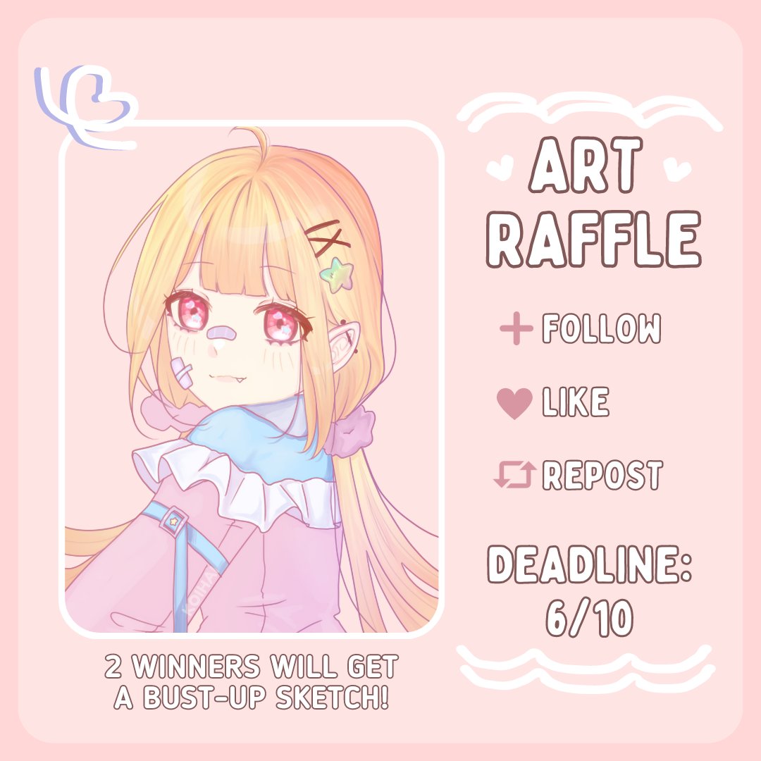 ✨Art Raffle✨
Thank you for supporting me!

₊ ⟡ To enter:
➕Follow me
🔄Like & repost
🖼️(Optional) drop a png of what you want drawn!

₊ ⟡ Deadline: 6/10

₊ ⟡ Prize (2 winners):
🎀Bust-up Sketch (Skeb style)🎀

Art is of @/AxelCrankTV
#artraffle