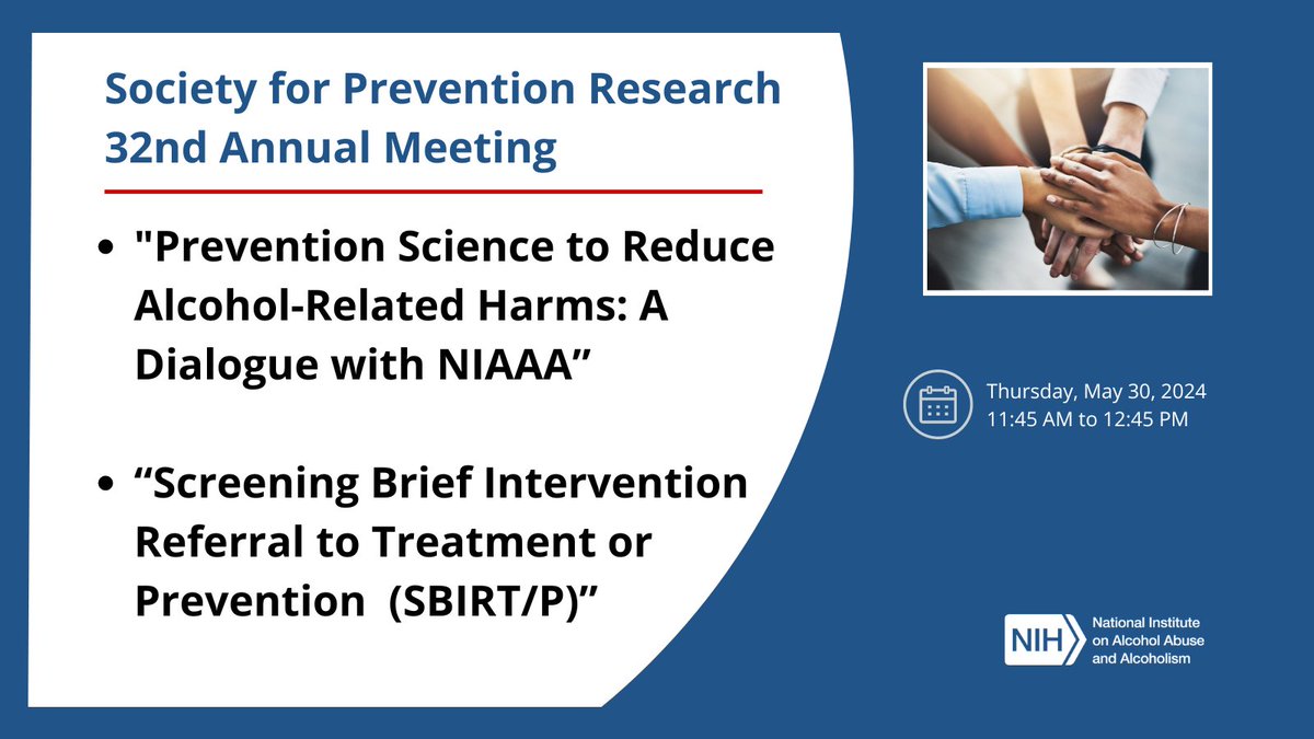 Don't miss! Thursday, May 30, 2024, at the SPR 32nd Annual Meeting: 🌐 'Prevention Science to Reduce Alcohol-Related Harms: A Dialogue with NIAAA” 🌐 “Screening Brief Intervention Referral to Treatment or Prevention (SBIRT/P)” Details at preventionresearch.org/2024-annual-me… 📢 #sprconf24