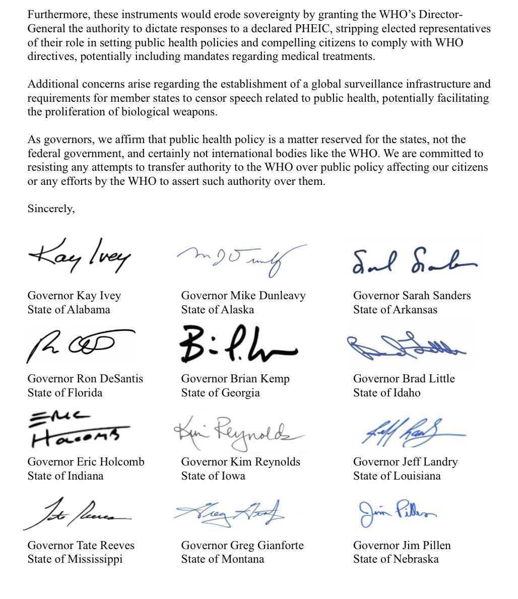 If COVID taught us anything, it’s that the WHO should not have any control over our decisions. Proud to join @GOPGOVs in opposition to this insane move. We won’t let anyone infringe on our rights- especially the foreign World Health Organization.