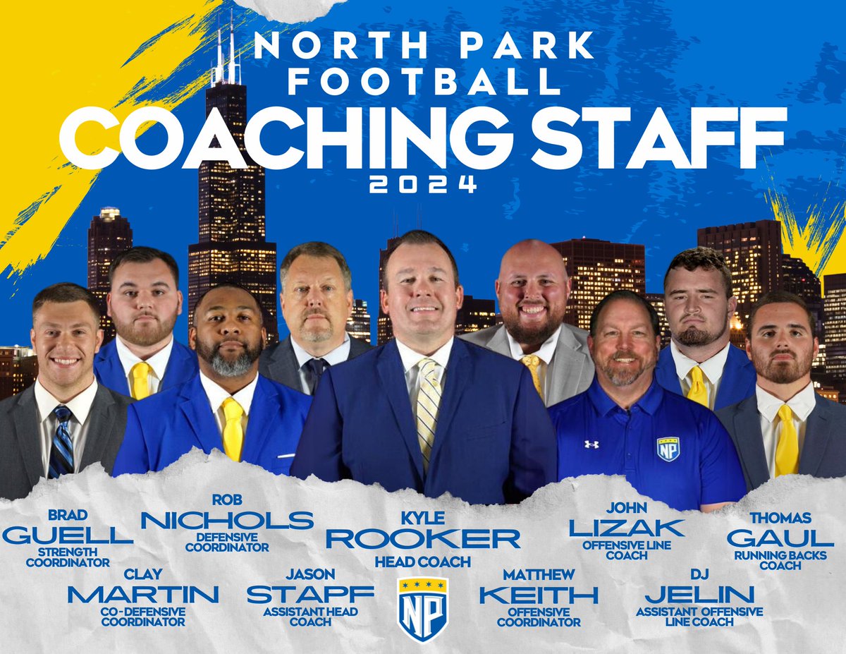 North Park Football (@npufootball) on Twitter photo Camp season is right around the corner, be sure to follow our coaching staff!
HC - <a href="/CoachRook/">Kyle Rooker</a>
Asst. HC - <a href="/CoachStapf/">Coach Stapf</a>
DC - <a href="/Coach_Bob_Nics/">Robert Nichols</a>
Co-DC - <a href="/CoachMartin_10/">Clay Martin</a>
OC - <a href="/CoachMattKeith/">Matthew Keith</a>
S&C - <a href="/coach_guell/">Brad</a>
OL - <a href="/Jdlizak/">John Lizak</a>
Asst. OL - @djjelin19
RB - <a href="/Coach_Gaul/">Thomas Gaul</a>
#TheRightWay Camp season is right around the corner, be sure to follow our coaching staff!
HC - <a href="/CoachRook/">Kyle Rooker</a>
Asst. HC - <a href="/CoachStapf/">Coach Stapf</a>
DC - <a href="/Coach_Bob_Nics/">Robert Nichols</a>
Co-DC - <a href="/CoachMartin_10/">Clay Martin</a>
OC - <a href="/CoachMattKeith/">Matthew Keith</a>
S&C - <a href="/coach_guell/">Brad</a>
OL - <a href="/Jdlizak/">John Lizak</a>
Asst. OL - @djjelin19
RB - <a href="/Coach_Gaul/">Thomas Gaul</a>
#TheRightWay