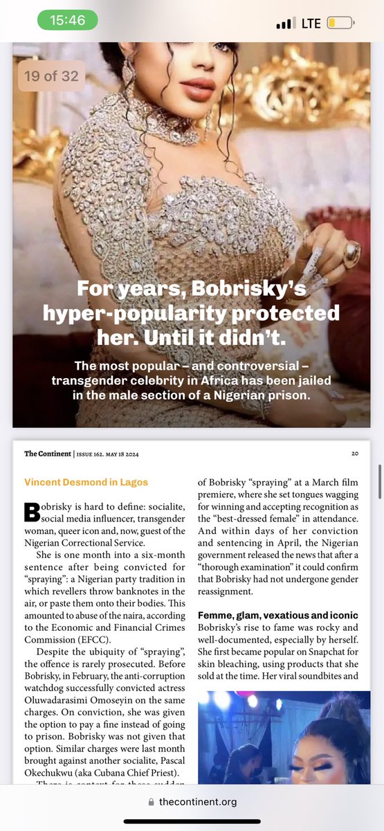 For years Bobrisky’s visibility has protected her but now Africa’s most famous trans woman is in a male prison for doing one of the most Nigerian things possible: spraying money at a wedding. I wrote about it in the latest issue of @thecontinent_ thecontinent.org