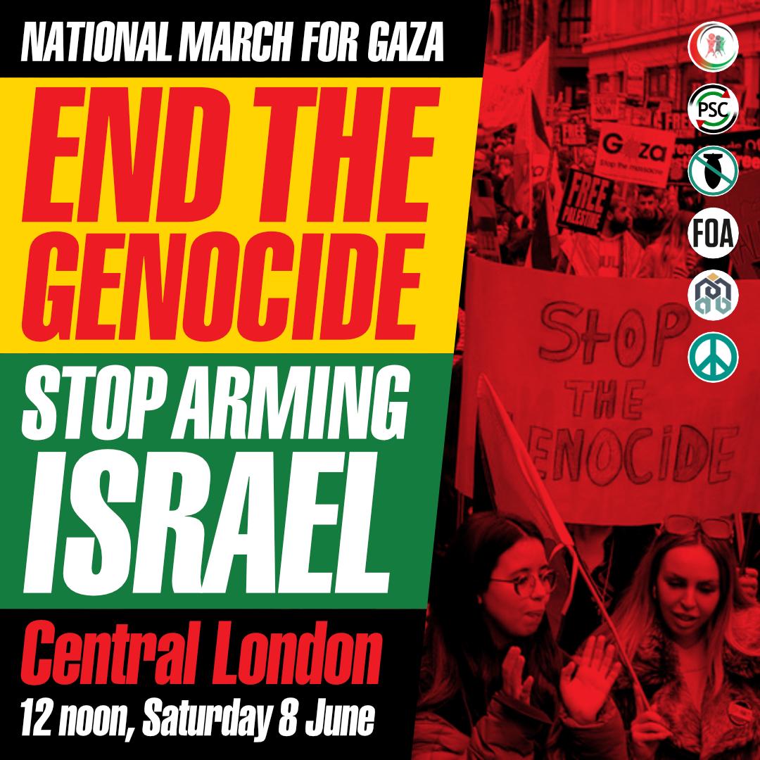 🚨Save the date! 🚨 The next national march for #Gaza will take place on Saturday 8 June! Route details and assembly point TBC! In the mean time, write to your MP asking them to #StopArmingIsrael with a reminder of #NoCeasefireNoVote on 4 July 👇 cnd.eaction.org.uk/EDM177