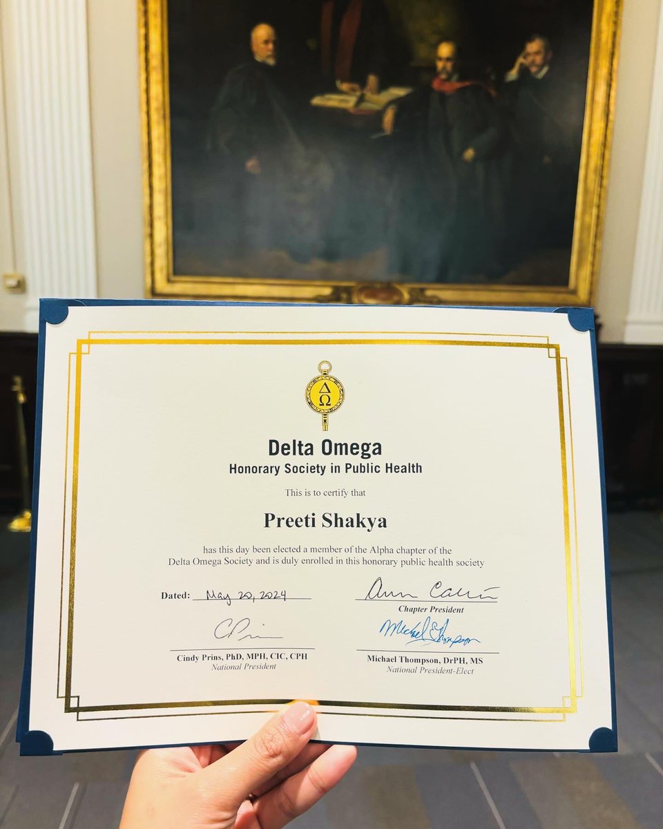 Humbled to share that I have been inducted into the prestigious Delta Omega Honor Society as part of the top 10 percent of the graduating class of 2024 at Johns Hopkins Bloomberg School of Public Health.

#deltaomegahonorsociety #jhbsph