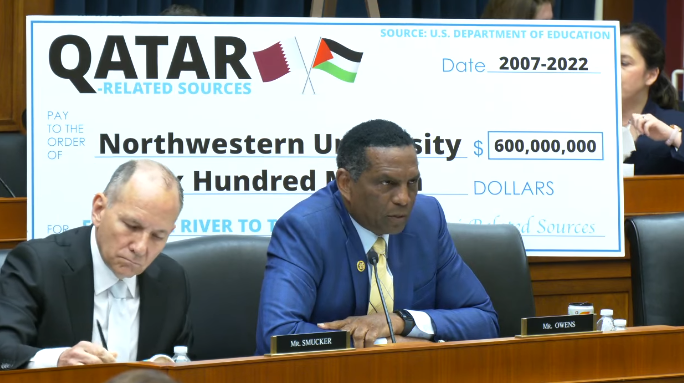 AvivaKlompas's tweet photo. At a congressional hearing @RepBurgessOwens asked @NorthwesternU's President Schill

Rep Owens: How much money has Northwestern University received from Qatar?

President Schill: I don't have the dollar number

Rep Owens: You can see the check behind me. This is the same Qatar that is harboring leaders of Hamas and has given the terrorists $1.8 billion. Iranian officials travel in and out of Doha to meet Hamas. So do you think it's a good idea for Northwestern to partner with a government that harbors terrorists?

President Schill: I am not going to engage in yes or no answers