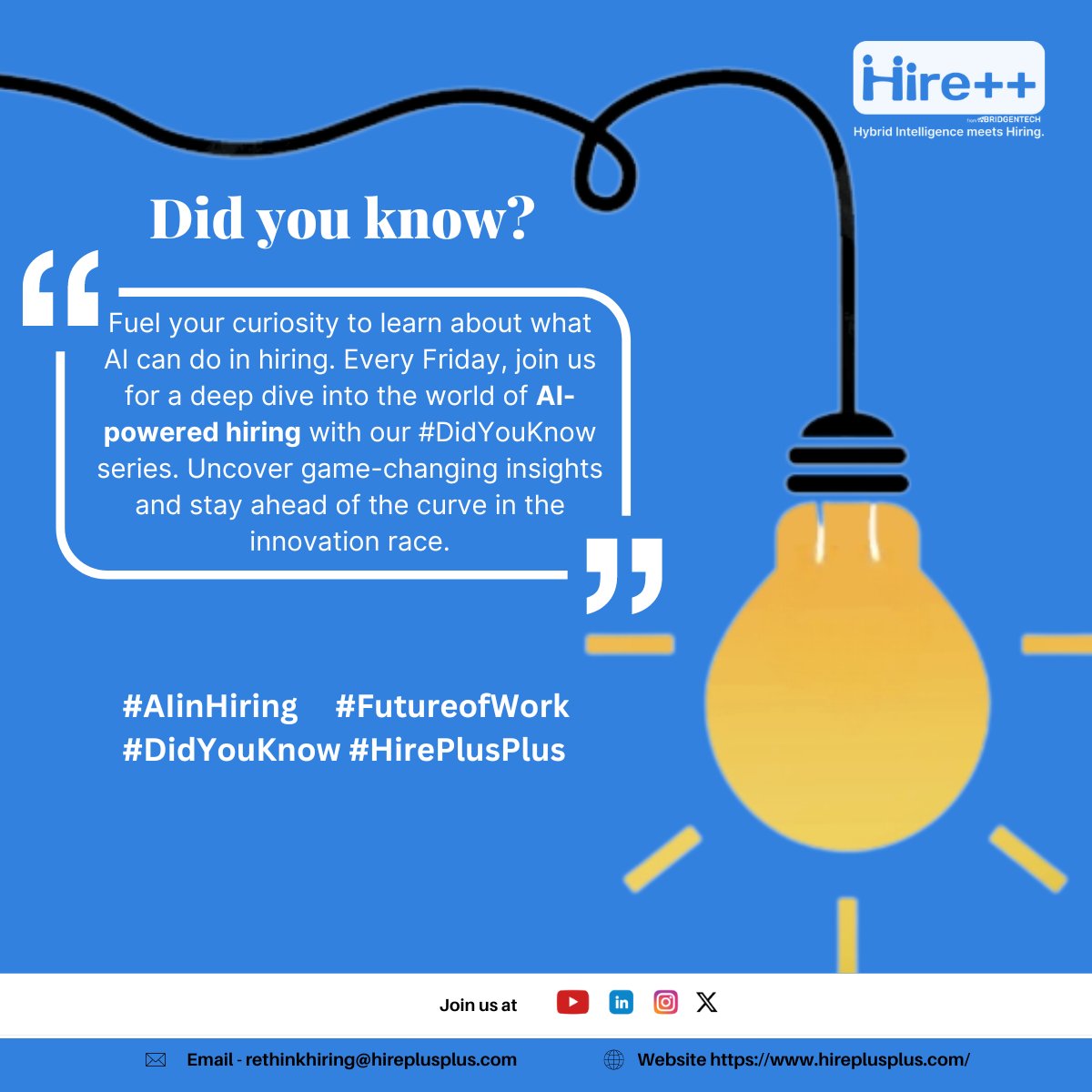 hireplusplus's tweet photo. New Series Alert!
Hireplusplus launches "Did You Know?" on IT recruitment!

Get industry insights, actionable tips &amp; pro advice EVERY Friday.

Join us to navigate the ever-changing talent landscape!

#didyouknow #hireplusplus #itrecruitment #KnowledgeIsPower https://t.co/NDL5EPppPh