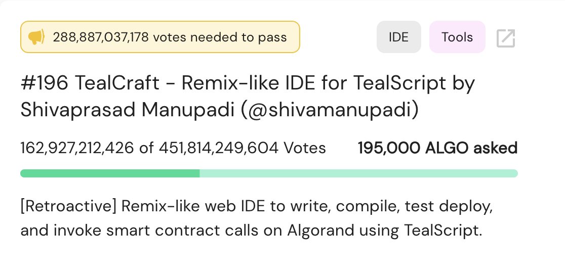 Still at 35% &amp; long way to go.

Hey, Xgov's,

Try @tealcraft and vote if you think it will help developers. This is just v1, Planning to support PUYA and the script runners right from the browser.

Simpe AMM contract:
tealcraft.org/#/share/contra…
