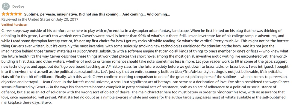 thesunnishine's tweet image. The delusion is off the charts in these reviews Thomas Carver wrote for himself. But that just makes it all the more hilarious when you learn this sockpuppet account got busted and all the reviews were taken down!🤣#Delulu #AuthorFail