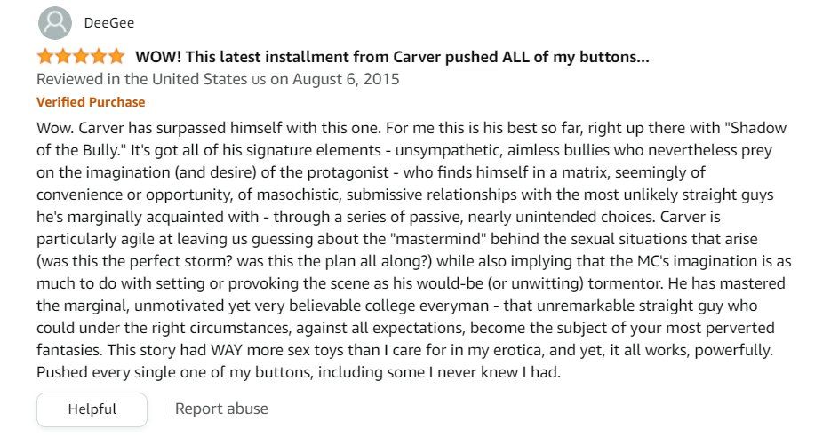 thesunnishine's tweet image. The delusion is off the charts in these reviews Thomas Carver wrote for himself. But that just makes it all the more hilarious when you learn this sockpuppet account got busted and all the reviews were taken down!🤣#Delulu #AuthorFail