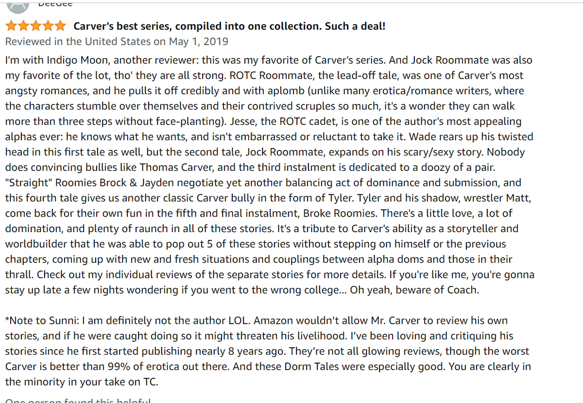 thesunnishine's tweet image. The delusion is off the charts in these reviews Thomas Carver wrote for himself. But that just makes it all the more hilarious when you learn this sockpuppet account got busted and all the reviews were taken down!🤣#Delulu #AuthorFail