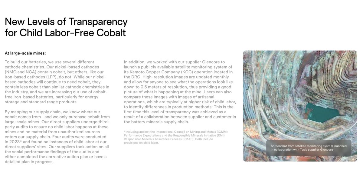 Tesla: New Levels of Transparency for Child Labor-Free Cobalt 'Our direct suppliers undergo third- party audits to ensure no child labor happens at these mines and no material from unauthorized sources enters our supply chain. Four audits were conducted in 2023* and found no