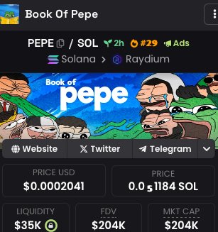 BookOfPepeX's tweet photo. 2HRS OLD...

700+ HOLDERS

$700K+ VOL

DEX TRENDING #29

THIS IS THE BOOK OF $PEPE!

https://t.co/DDBhP8TTJv https://t.co/WalxKjmg5C
