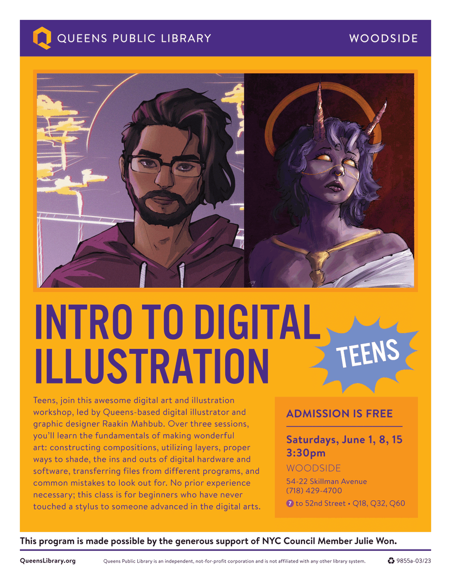 For the first three weeks in June, I am sponsoring free Intro to Digital Illustration workshops for teens at @QPLNYC Woodside Library. Participants will learn the fundamentals of digital art from digital illustrator & graphic designer Raakin Mahbub. See the flyer for more info.