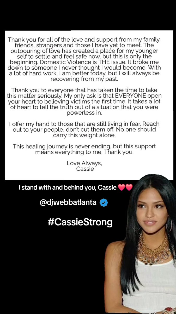 I stand WITH and BEHIND you @CassieSuper End domestic violence. #fyp #fypシ゚viral #Cassie #End #DomesticAbuse #Awareness #Trending #Topic #djwebbatlanta #CassieStrong