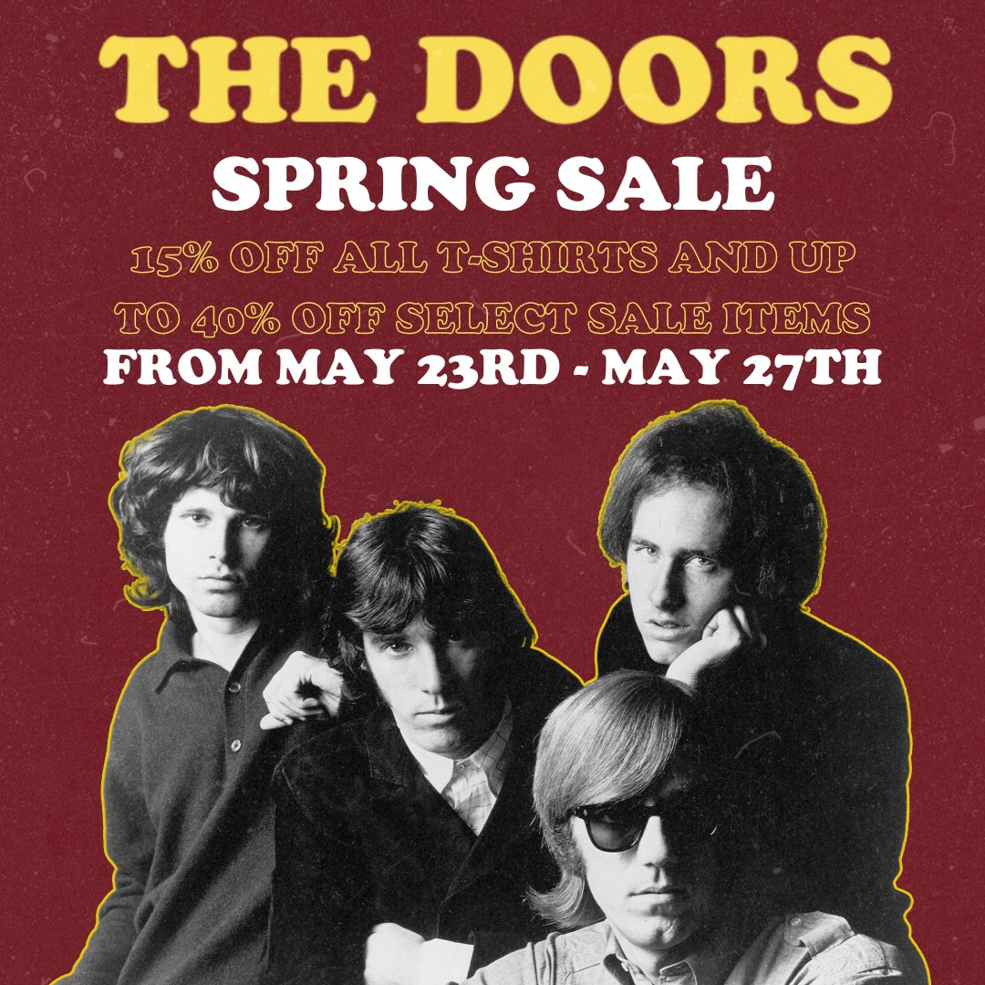 Open The Doors to Spring.

Don’t miss The Doors' Spring sale—from May 23rd to May 27th, get 15% off all T-shirts and up to 40% off select sale items.

Shop & save at The Doors Webstore today: store.thedoors.com

Photo courtesy of Getty Images.