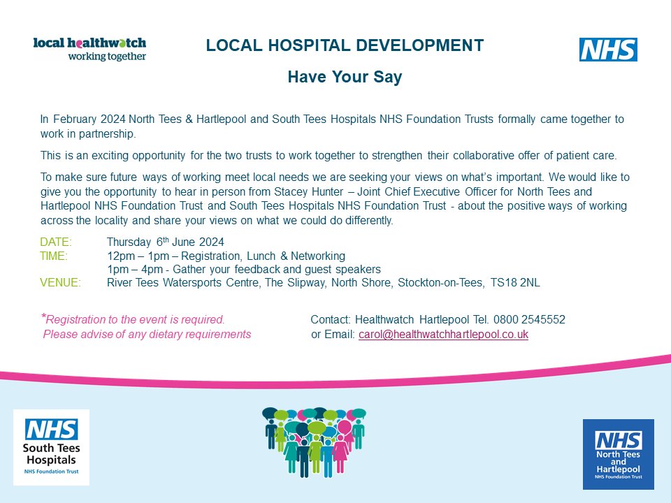⚕️ Recently the North Tees & Hartlepool and South Tees Hospital NHS Foundation Trusts formally came together to work as partners. ⚕️ It's an opportunity for the two Trusts to work together to strengthen their collaborative offer of patient care. ⚕️ Local Healthwatch want to hear