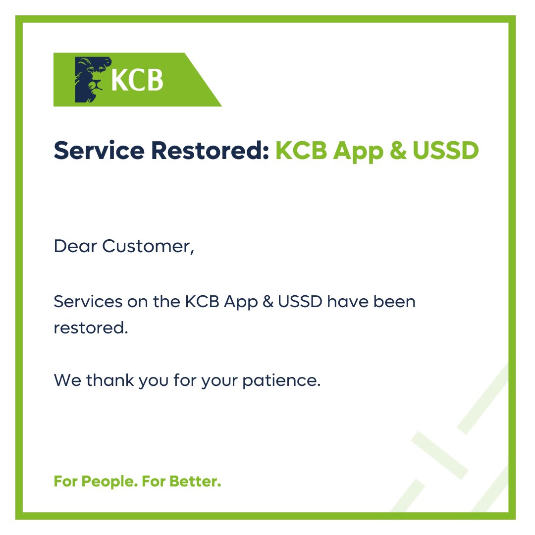 KCBInKenya's tweet photo. Dear Customer,

Services on the KCB App &amp; USSD have been restored. 

We thank you for your patience. https://t.co/7pXz9TadmZ