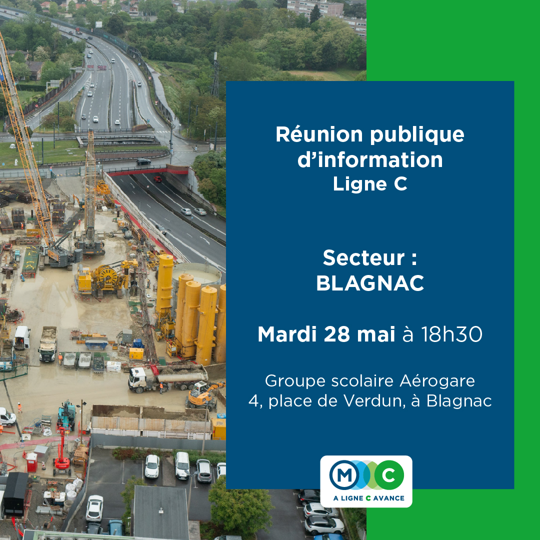 🗓️/A vos agendas ! Venez nous rencontrer à l'occasion de la réunion publique du secteur #Blagnac le mardi 28 mai, à 18h30 ➡️ Au programme : information sur l’avancement du chantier de la #LigneC et concertation sur l’aménagement des espaces publics.