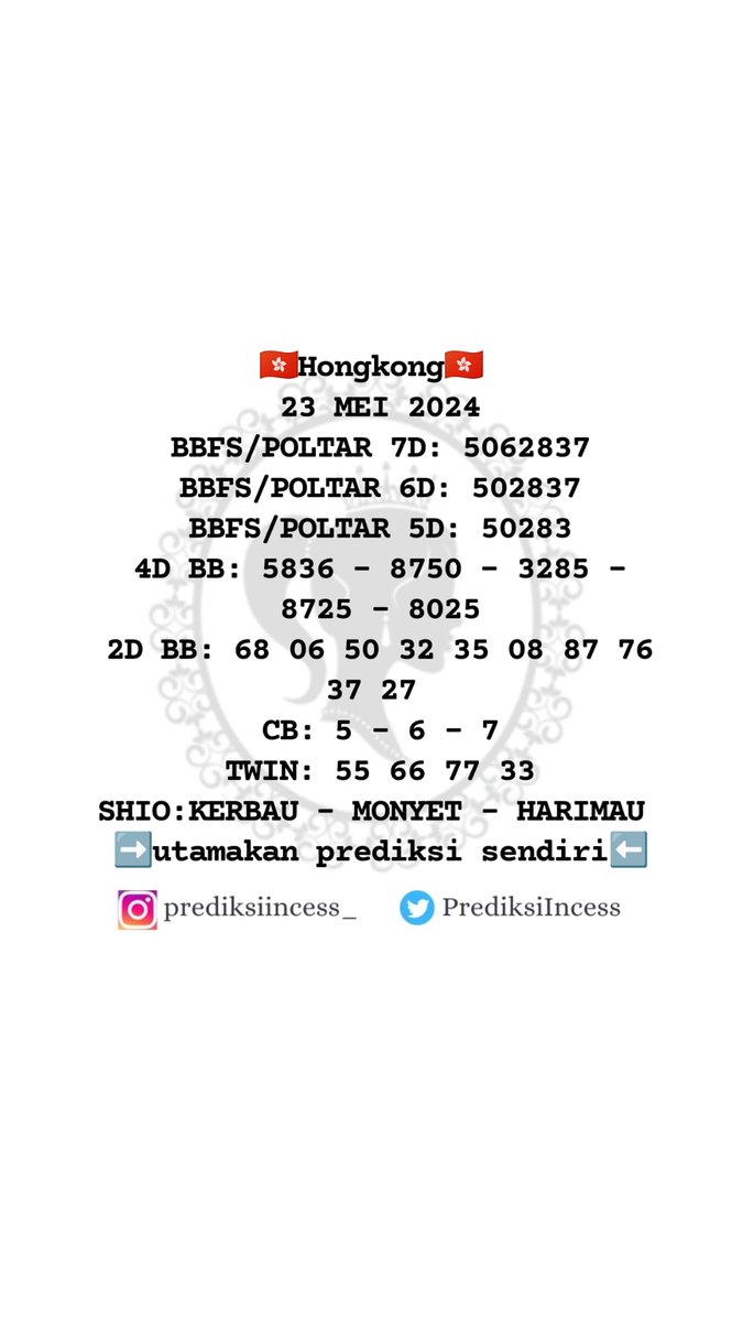PrediksiIncess's tweet photo. Prediksi togel untuk pasaran Singapore 23/05/2024  #togelhariini #prediksitogel #prediksisgp #prediksisgp #prediksitogelsgp #indonesia #jakarta #prediksitogelhariini #angkajitu #angkabocoran #angkatogel #prediksijitu  #prediksi https://t.co/X3VfNYl8Tr