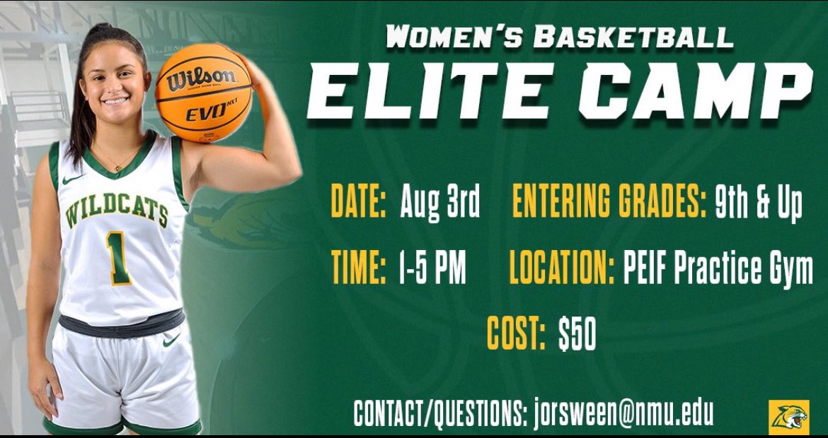 🏀 Elevate your game this summer at our Elite Camp in August! 🔗 Register at the link nmu.universitytickets.com/w/event.aspx?i… 📧 Email any questions to Coach Jordan Sweeney