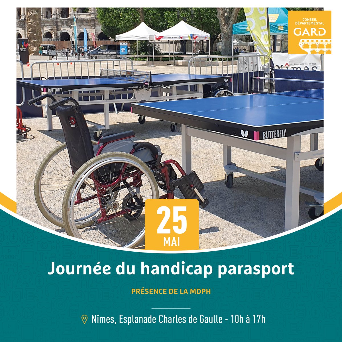 👩‍🦽 La #MDPH sera présente samedi 25 mai, sur l’esplanade Charles-de-Gaulle à Nîmes, à l’occasion de la Journée du handicap et du parasport organisée par le CCAS de @nimes 📍 Rendez-vous dès 10h et jusqu’à 17h 👉 Programme en ligne sur vivrenimes.fr