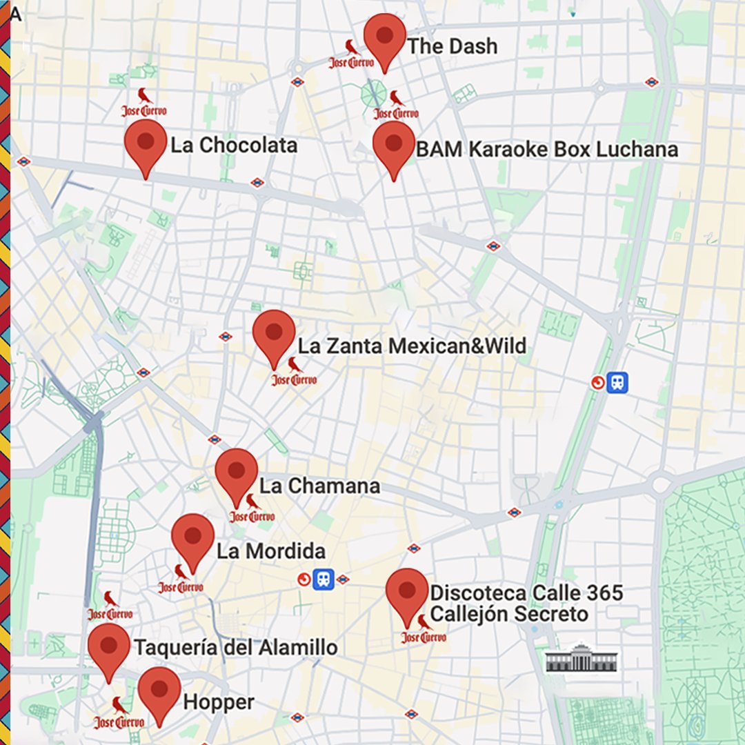 Jose Cuervo España (@josecuervo_es) on Twitter photo Si estás por Madrid este finde apunta estos sitios con bien de #JoseCuervo y #LoQueSurja ¡No fallan! 🚀 
📍The Dash 
📍BAM Karaoke 
📍La Chocolata 
📍La Zanta Mexican&Wild 
📍La Chamana 
📍La Mordida 
📍Calle 365 Callejón Secreto 
📍Taquería del Alamillo 📍Hopper Si estás por Madrid este finde apunta estos sitios con bien de #JoseCuervo y #LoQueSurja ¡No fallan! 🚀 
📍The Dash 
📍BAM Karaoke 
📍La Chocolata 
📍La Zanta Mexican&Wild 
📍La Chamana 
📍La Mordida 
📍Calle 365 Callejón Secreto 
📍Taquería del Alamillo 📍Hopper