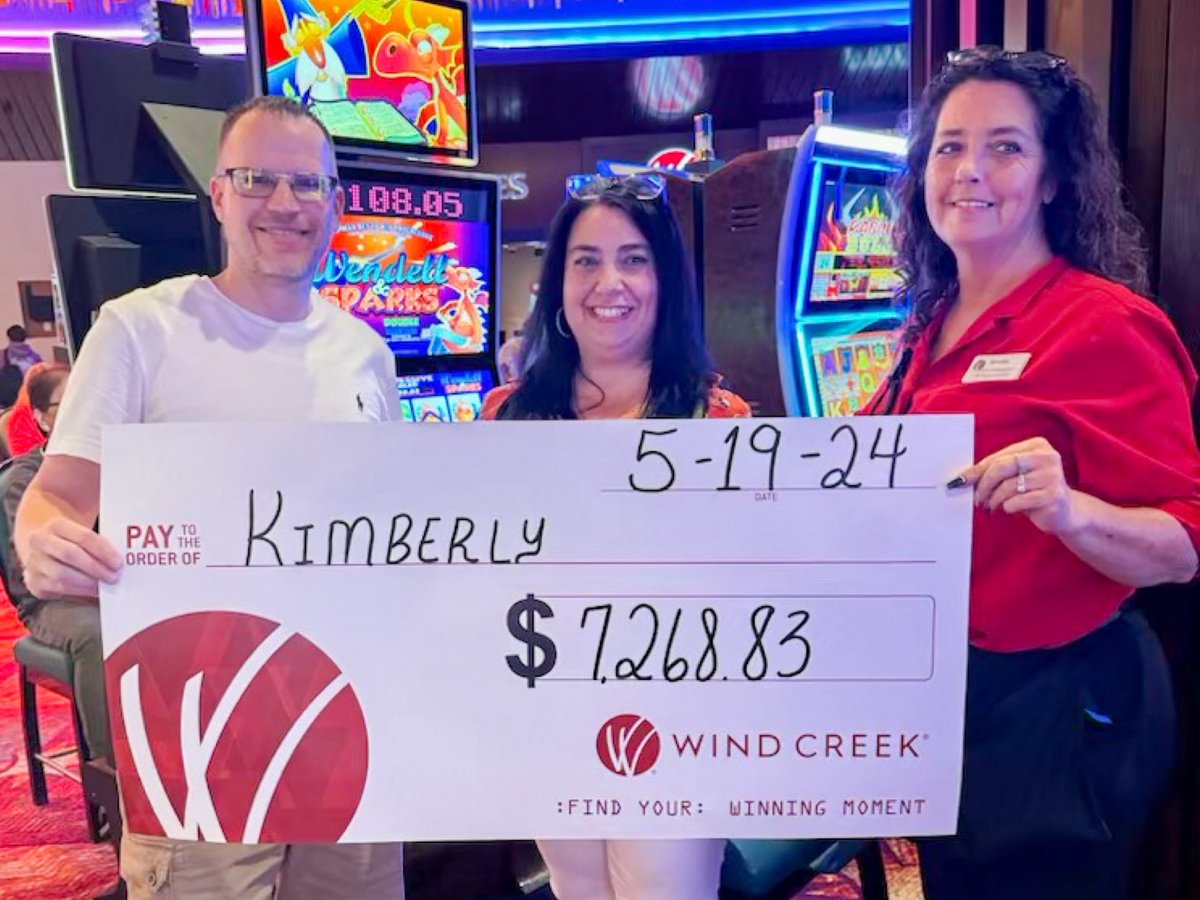 🎰JACKPOT ALERT🎰 Join us in sending this #JackpotWinner #Congrats on finding her #winningmoment at #WindCreekAtmore! Kimberly won $7,268.83 on Wendell & Sparks!🎰🎊 Have you tried your luck on this machine yet?👀 #WCAtmore #Jackpot