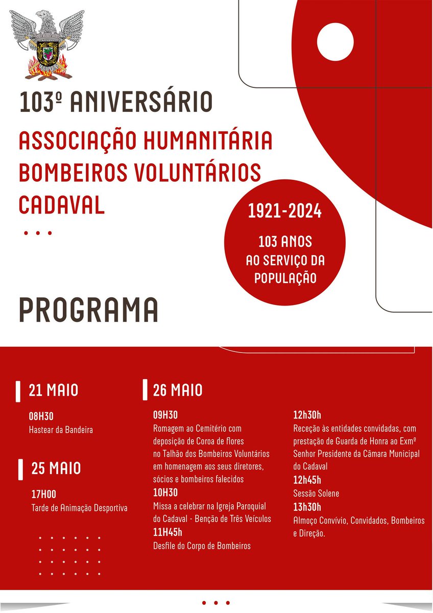 cmcadaval's tweet image. Na passada terça-feira, dia 21 de maio, a Associação Humanitária dos Bombeiros Voluntários do Cadaval completou 103 anos de existência. Como comemoração desta efeméride, os “soldados da paz” cadavalenses irão desenvolver um programa de atividades.

#103anos #comemoração #cadaval