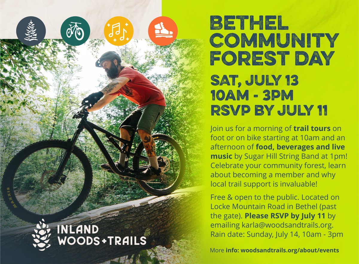 Save the date! Our Bethel Community Forest Day is coming up on July 13th. This free and open to the public event is filled with trail tours, food, beverages and live music by Sugar Hill String Band. Don't forget to RSVP by July 11 by emailing karla@woodsandtrails.org