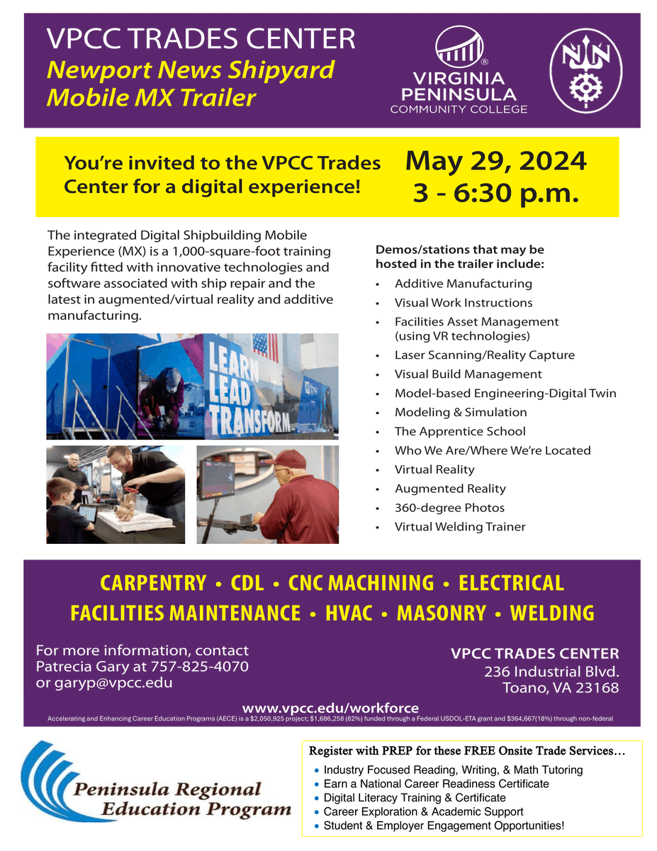 peninsulaed's tweet photo. Discover the Future of Trades at the VPCC Trades Center!

Join us on May 29, 2024, from 3 - 6:30 p.m. at Newport News Shipyard for an immersive digital experience! Explore the Mobile MX Trailer with demos in VR, AR, Additive Manufacturing, and more! https://t.co/1dsQhJBWzS