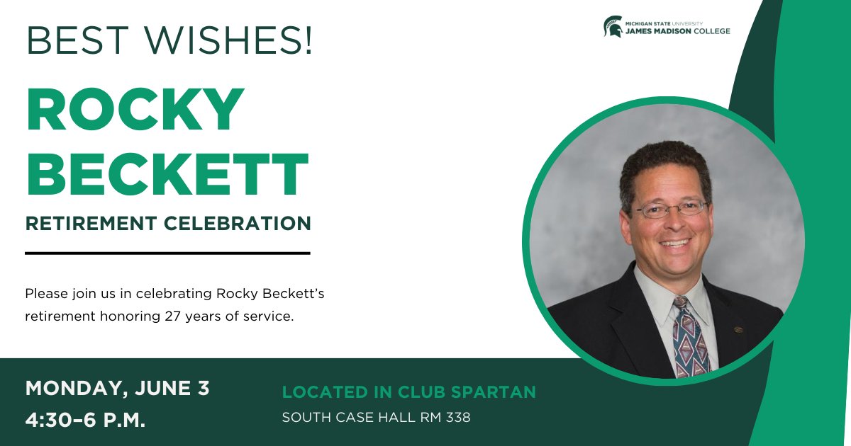 James Madison (@jmcmsu) on Twitter photo Did you hear the news? JMC's Director of Development, Rocky Beckett, is retiring!
University Advancement invites you to celebrate Rocky’s retirement on Monday, June 3 from 4:30-6 p.m in Club Spartan. RSVP by Tuesday, May 28.
Register at the link below.
tinyurl.com/464e7ys6 Did you hear the news? JMC's Director of Development, Rocky Beckett, is retiring!
University Advancement invites you to celebrate Rocky’s retirement on Monday, June 3 from 4:30-6 p.m in Club Spartan. RSVP by Tuesday, May 28.
Register at the link below.
tinyurl.com/464e7ys6