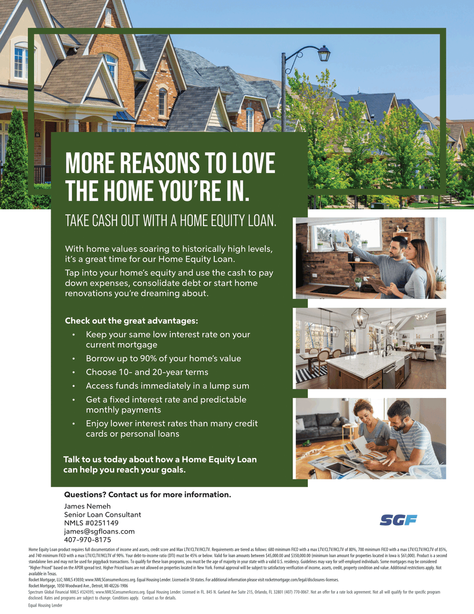 With our new Home Equity Loan, you get cash while keeping your same low interest rate on your current mortgage. Enjoy rates that are typically lower than credit cards or personal loans and a predictable monthly payment!

Call today to learn more. 407-770-0067

#homeloans @equity