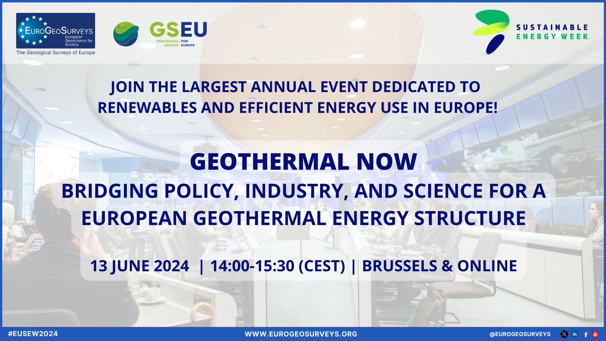 🌍Join us at the 'Geothermal Now: Bridging Policy, Industry, and Science for a European Geothermal Energy Structure' session at @euenergyweek on 13 June,14:00-15:30 (CEST). More info 👉 bit.ly/4bNAuGD #GeothermalEnergy #Sustainability #EGSatEUSEW