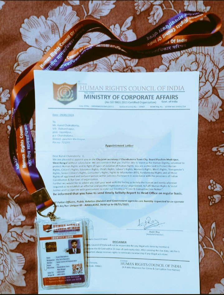 iamkunal_74's tweet photo. Thank you for appointing me as City Joint Secretary of Chandrakona Town City board, Paschim Medinipur 
#humanrightscouncilofindia
@e_hrci https://t.co/HJYTq94u67