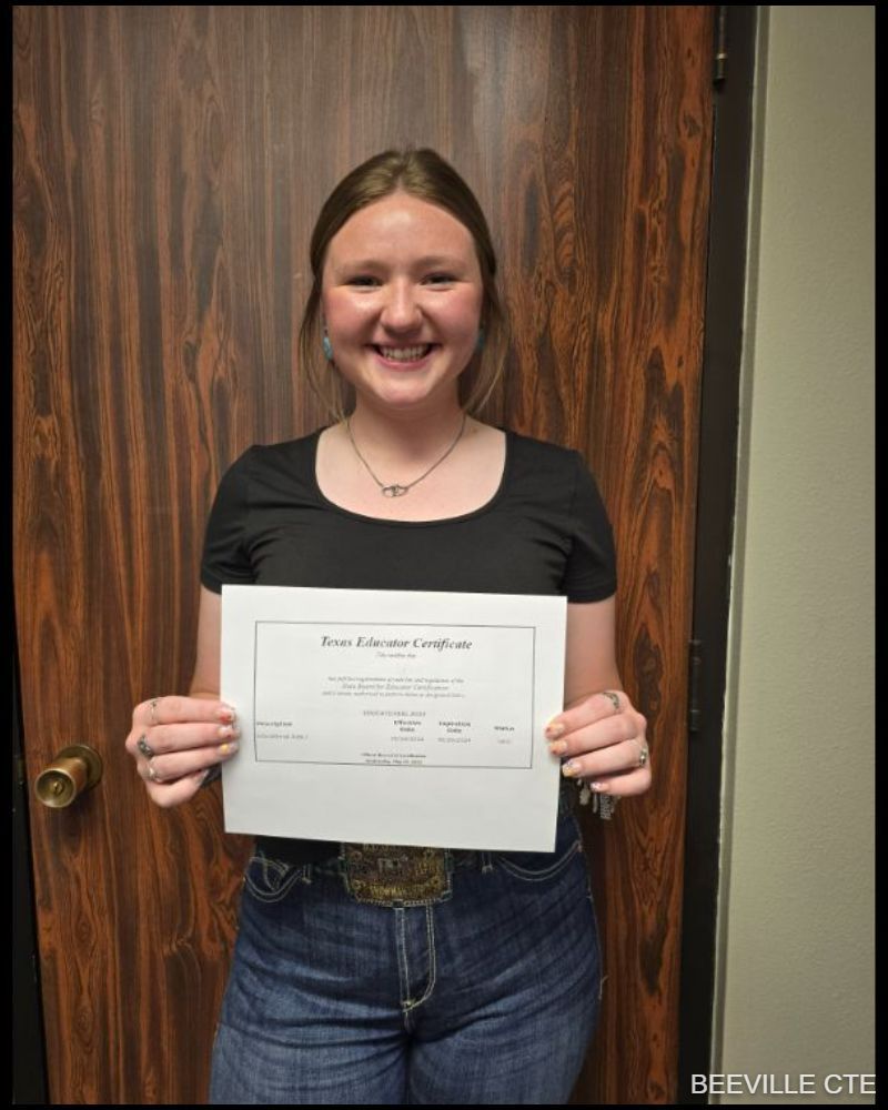 Beeville CTE Education and Training student Clara completed the requirements and received the Texas Education Agency Educational Aide I professional certification during the 2023-24 school year!  Congratulations on your success and this important step toward your future!