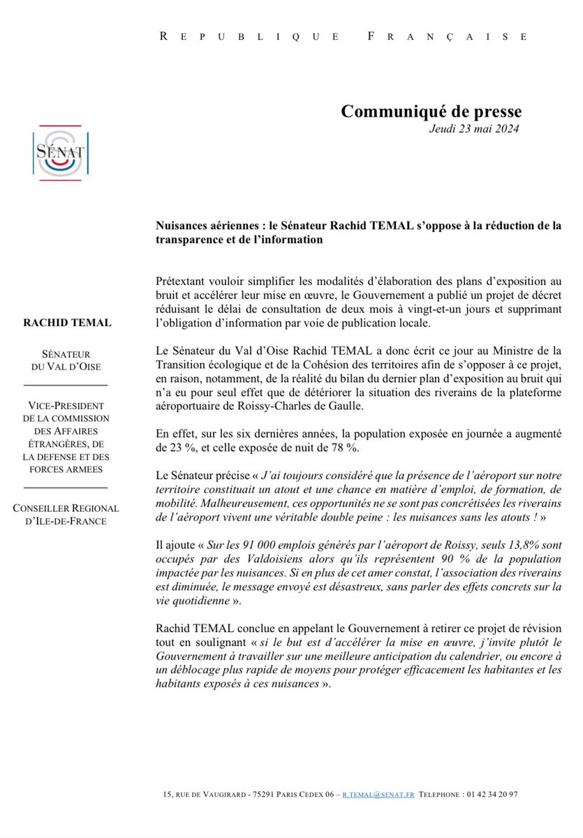 RachidTemal's tweet photo. 🔴 Non à la réduction du droit à l'information, transparence et participation !
Je viens d’écrire au Ministre @ChristopheBechu pour lui demander de retirer ce projet de décret.
La vie des gens mérite mieux !
L’avenir du pôle aéroportuaire mérite mieux !
#PPBE #Roissy #CDG https://t.co/MwyIPvqIR0