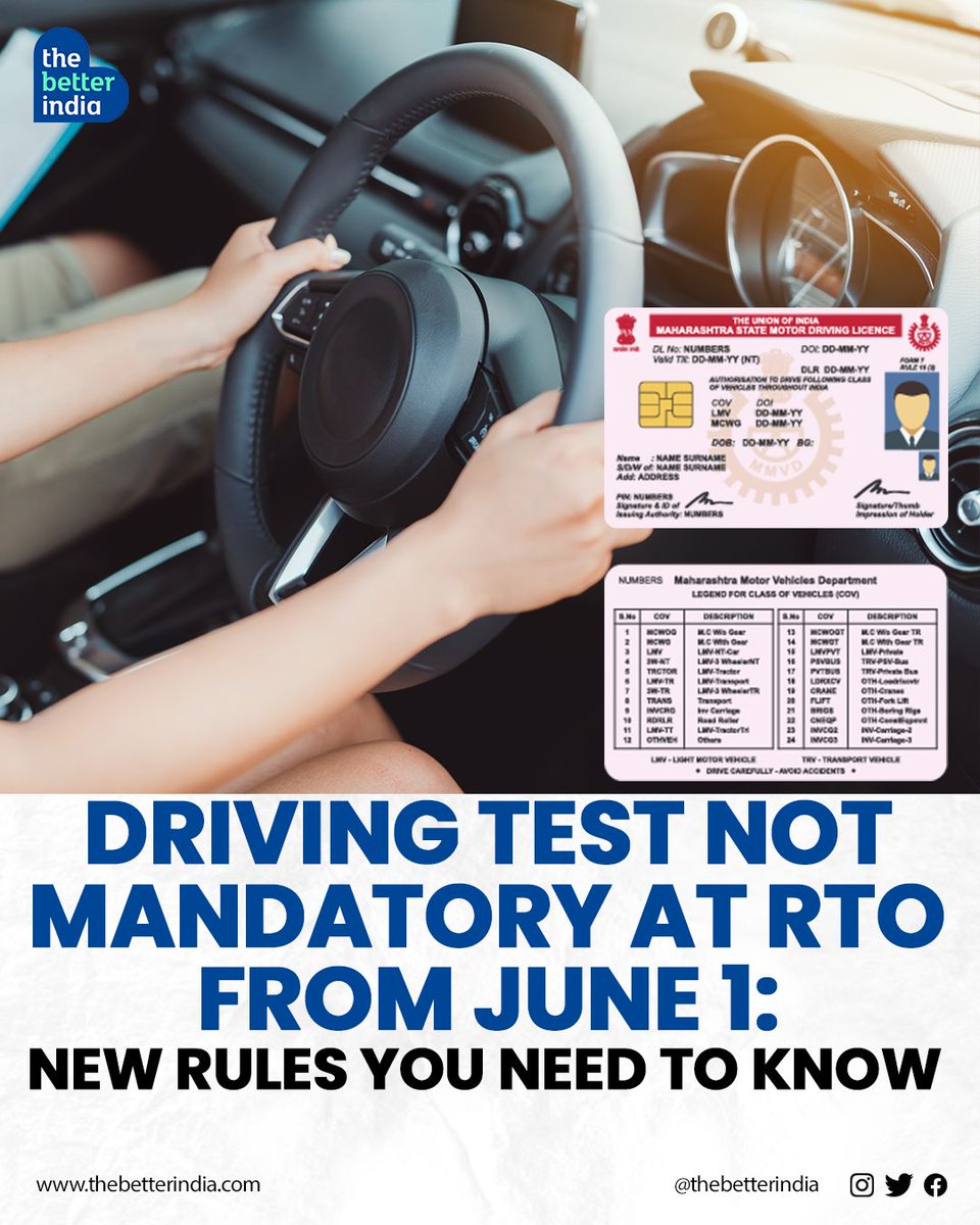 Big changes are coming for driver's licences in India, starting 1st June 2024! Here's what you must know. >> 

#DrivingLicense #India #NewDrivingRules #NoRTOTest #RoadSafety

[Driving License, Road Safety, Learner's Permit, New Driving License Rule, India]
