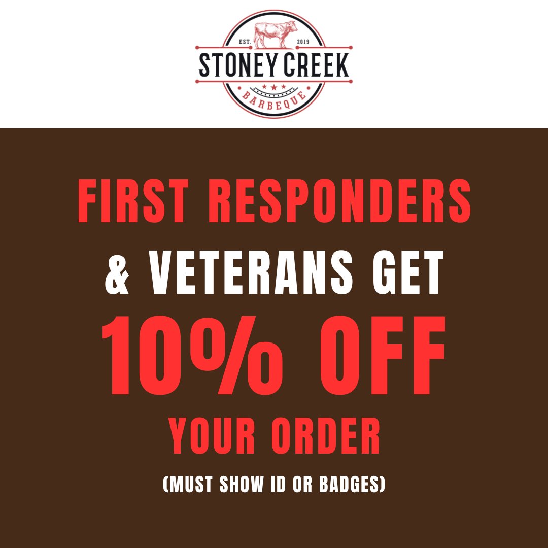 First responders and veterans can now get 10% off your purchase here at Stoney Creek BBQ! We thank you for your service! Must show ID or badges to receive the discount. In-store only. #StoneyCreekBBQ #Porterville #BBQ #FirstResponders #WorthTheDrive