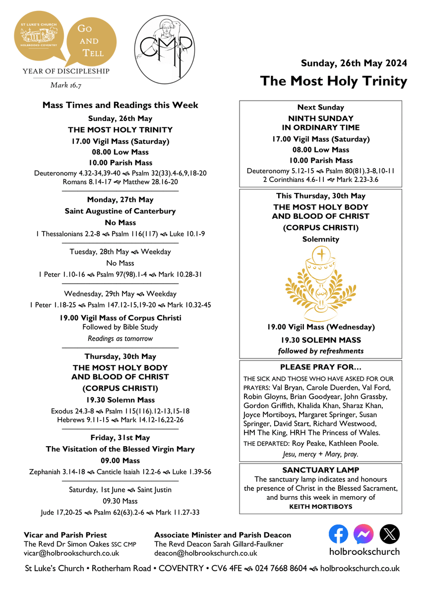 holbrookschurch's tweet photo. Sunday, 26th May and the week ahead @holbrookschurch. A booklet containing the Sunday Mass readings is available at https://t.co/LSuu1huH3f, and this week's newsletter can be downloaded at https://t.co/nWcsx17BDj. On Thursday we celebrate Corpus Christi with Solemn Mass at 19.30. https://t.co/c2MBbfhe8R
