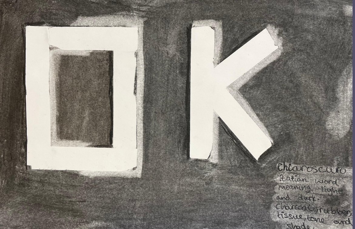 Wow, look at this chiaroscuro art created by Year 6. Using only charcoal and a rubber, they chose a Mayan calendar name and used masking tape to mark it out in their sketchbooks before applying the charcoal. <a href="/TrustVictorious/">Victorious Academies Trust</a>