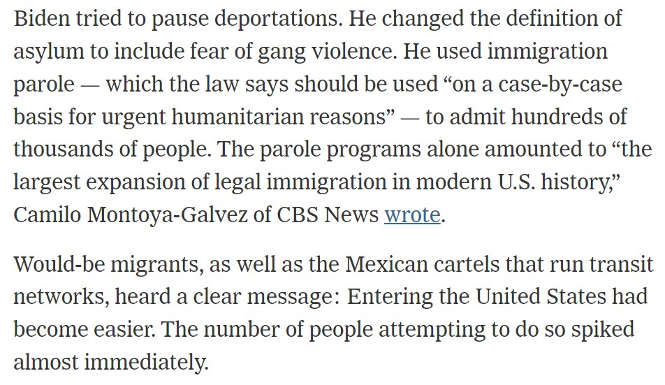 Instead, @DLeonhardt, you used this juxtaposition, which is frankly rhetorically shifty. It implies w/o stating forthrightly that the parole programs led to more efforts to cross the border. A real effort to inform readers would engage w/the goals and true impact of parole. 2/