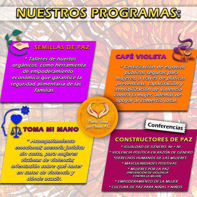Conoce los programas que tenemos en Misión Social por México A.C., a través de ellos trabajamos por la construcción de un México 🇲🇽 #EnPaz, #Solidario e #Igualitario 💜🧡

#MxM #SomosElCorazónDeToluca #ConstructoresDePaz
