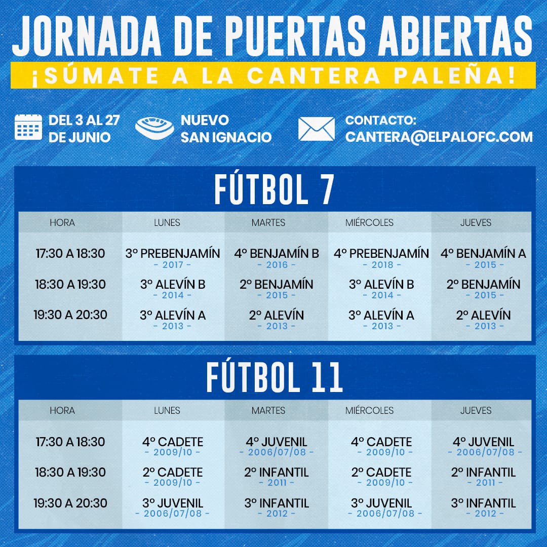 ¿Quieres unirte a la familia paleña?
⚽️🤝🏼💙

A partir del día 3, y hasta el 27 de junio, puedes pasarte por el San Ignacio, en nuestras jornadas de puertas abiertas.
👦🏻👧🏼

Toda la info;
👇🏼👇🏼👇🏼