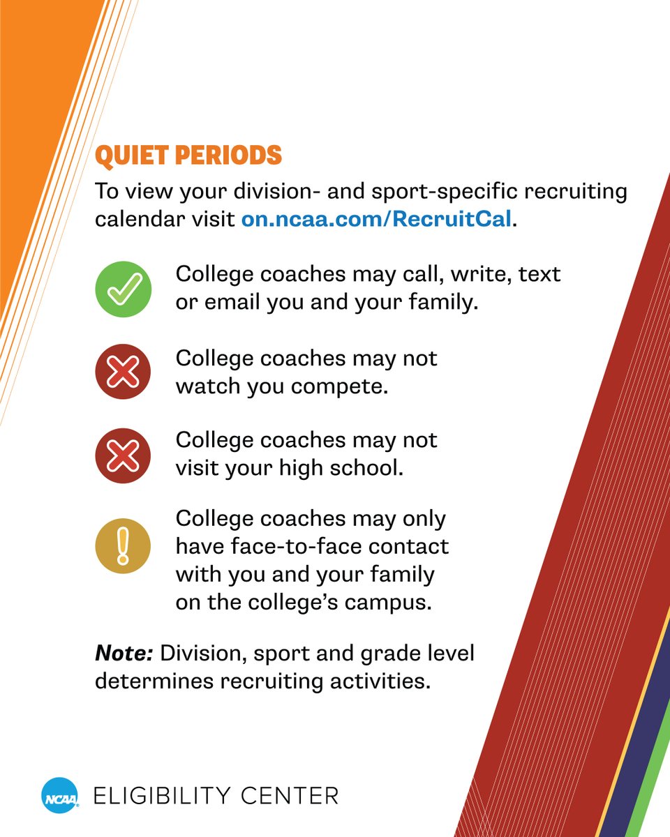 What can happen during quiet periods? Review your @NCAA division- and sport-specific recruiting calendar. 🔗 on.ncaa.com/RecruitingCal