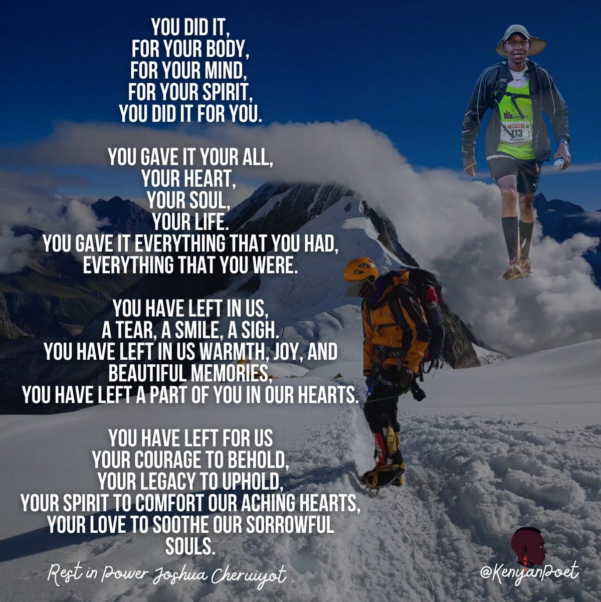 Kenyanpoet's tweet image. This poem is my way of remembering him and what he meant to us- the recreational running, ultra running and mountaineering communities in Kenya and beyond.
Rest in Power Cheruiyot🙏🏿
#ultrarunning #kenyanrunners #kenyanmountaineer #kenyanultrarunners