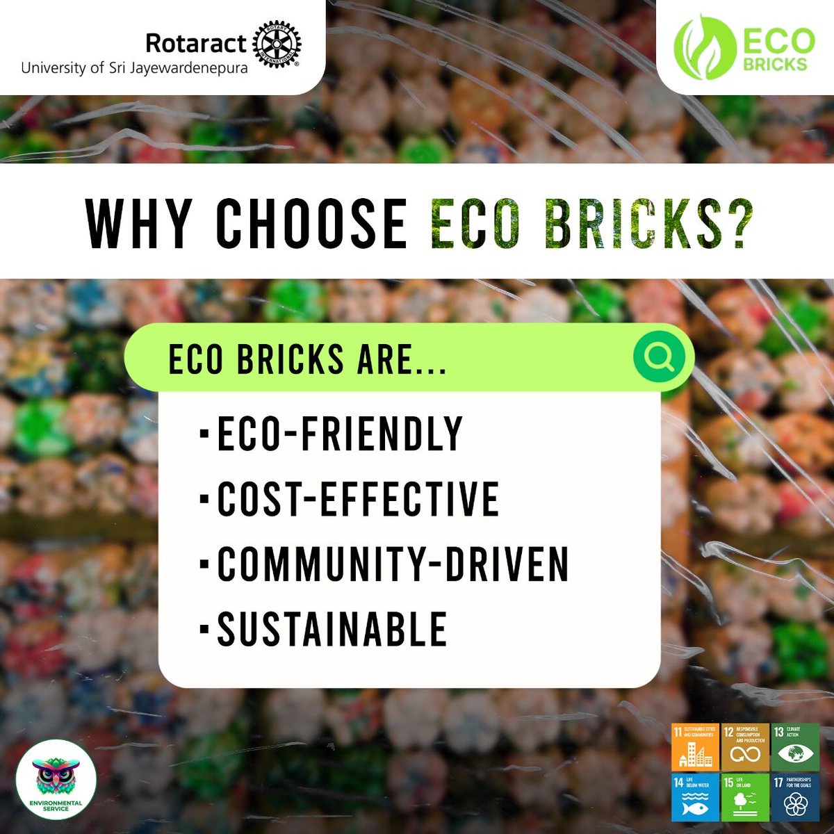 Choose eco bricks for a greener, budget-friendly option that builds communities and leads to a sustainable future. 

Make the eco-conscious choice today! 🌍

#EcoBricks 
#EnvironmentalService 
#RACUSJ 
#Rotaract 
#Rotaract3220 
#CreateHopeintheWorld 
#YouthForAll