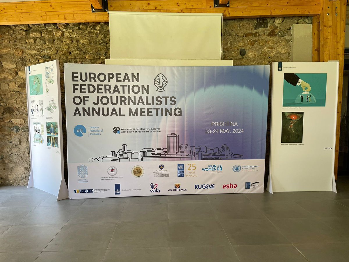Great opportunity for our cartoon exhibition on media freedom to be displayed today at the annual meeting of the European Federation of Journalists, which @AGK_AJK 🇽🇰 is hosting this year. #EFJ #AJK
