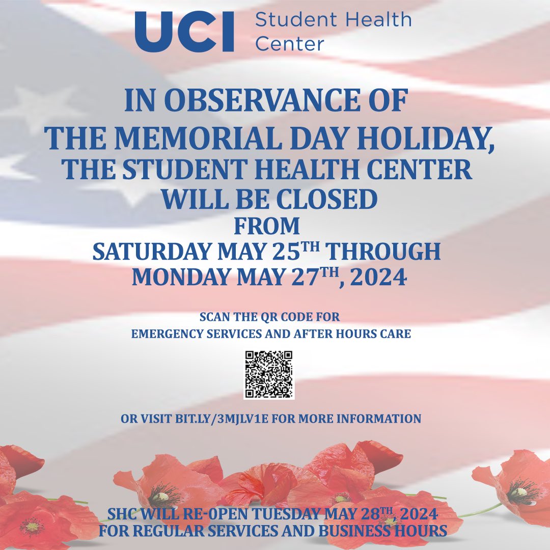 In observance of the Memorial Day Holiday, the Student Health Center will be closed.
